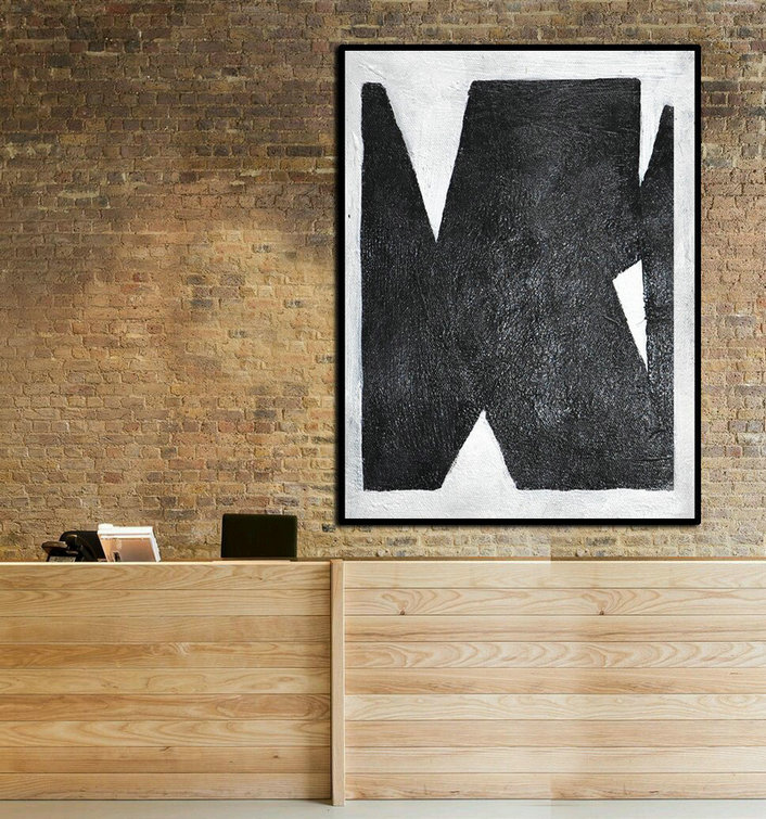 Handmade Extra Large Contemporary Painting,Black And White Minimal Painting On Canvas - Modern Living Room Decor